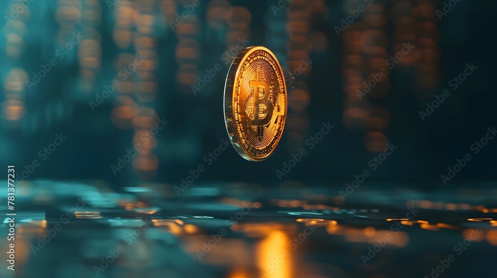 Luminous Crypto Coin Floating Against Backdrop of Blockchain Code - obrazy, fototapety, plakaty 
