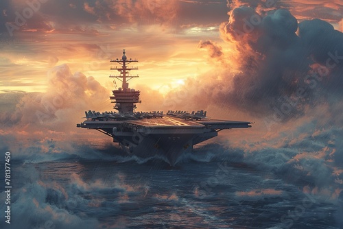 Experience the contrast of war and beauty in a breathtaking scene of an aircraft carrier ship launching jets into a dusky sky, juxtaposing the stark reality of conflict with the serene beauty  photo