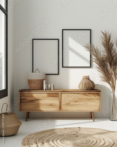 Empty photo with two poster frame mockup in a Scandinavian style living room interior showcasing minimalist design and cozy aesthetics perfect for a modern and clean look , digital photography