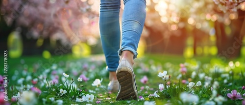 Portrait of a woman leg walking through a flower garden wearing denim pants and sneakers with a big space a spring flower garden, Generative AI. #781378023