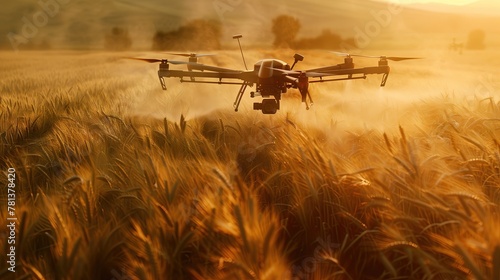 Drone spraying on wheat crop, hyper-realism in the image, daylight photo