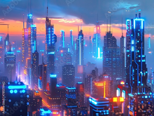 Retro-futuristic cityscape with neon blue and orange lights illuminating the skyline