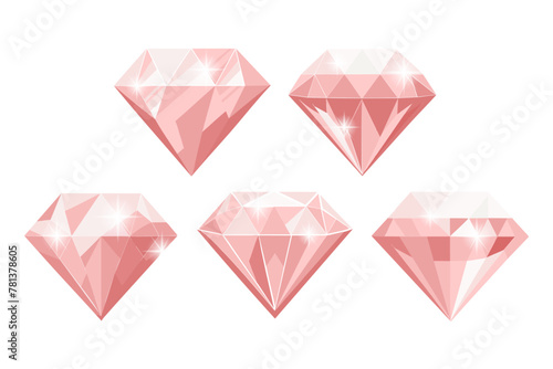 Collection of pink gemstones on a white background. Luxurious diamonds. Illustration. Vector