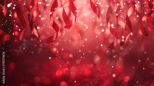 Glittering Red Ribbons and Bokeh for Festive Background