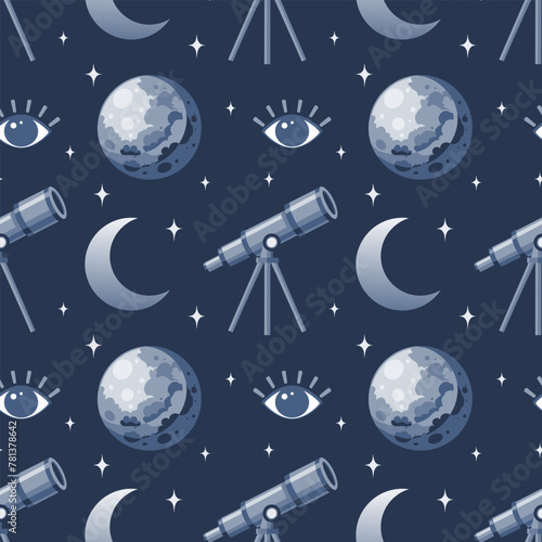 Seamless pattern, telescope, planet and solar eclipse Moon. Background for children, scrapbooking, children's room. Vector