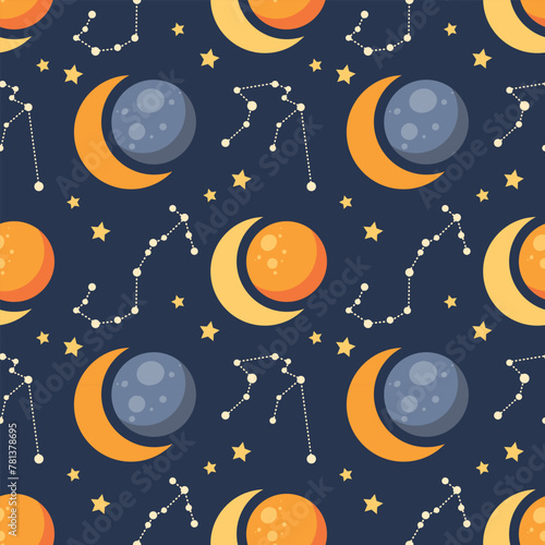 Seamless pattern  constellations  planet and solar eclipse Moon. Background for children  scrapbooking  children s room. Vector