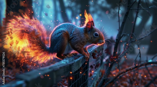A squirrel with neon fur scampering along farm fences, its bright tail flickering like a beacon in the twilight