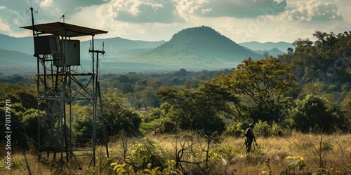 A wildlife reserve with an anti-poaching alarm system, sending signals to rangers when suspicious activity is detected