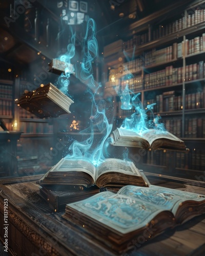 A wizard's library with holographic spell books and ancient scrolls floating in mid-air