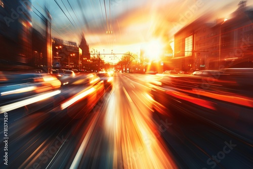 An arterial road at dawn, with motion blur showcasing the early rush of vehicles against the awakening sky