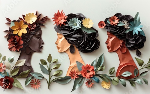 An elegant trio of women in profile, with paper-crafted flora, celebrating femininity and nature photo