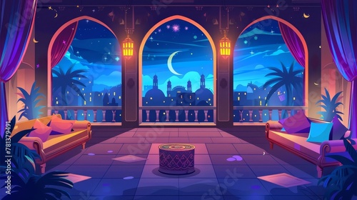 Living room interior  middle east hotel or palace  oriental design with furniture  balcony and arched windows  ancient city view at night  arab islamic dwelling  Cartoon modern illustration