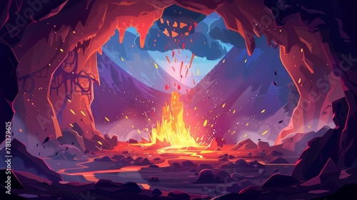 Halloween background with hellscape and steaming magma draining from volcanic mouth from volcano eruption view. Cartoon modern illustration showing nature disaster, apocalypse with liquid drain.
