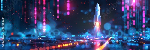 Bitcoin rocket launching from a virtual platform, surrounded by digital data streams and neon lights, capturing the essence of tech-driven finance
