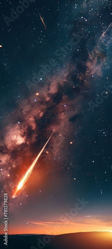 Close-up of a dazzling meteor streaking across a starry sky, with a detailed fiery tail and a backdrop of constellations, capturing the moment's beauty