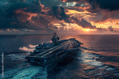 Experience the contrast of war and beauty in a breathtaking scene of an aircraft carrier ship launching jets into a dusky sky, juxtaposing the stark reality of conflict with the serene beauty  photo