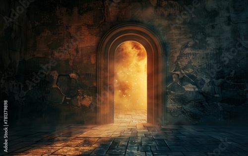Conceptual image of a door ajar, casting a holy light that illuminates the path to success, serene and inviting atmosphere