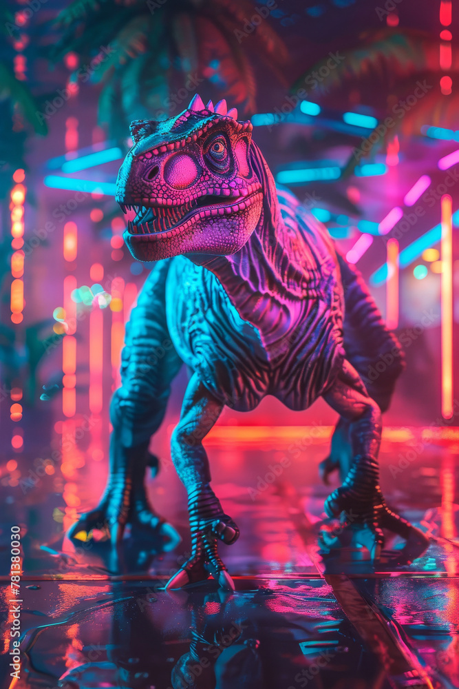 Cyberpunk dinosaur with neon highlights posing in a futuristic fight club arena