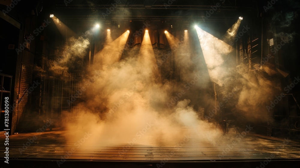 Dramatic stage lights cut through smoke, setting the scene for a play