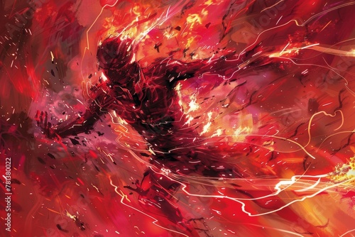 Crimson warrior erupting with energy, a tempest of power in a dynamic battle stance photo