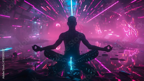 Cybernetic yogi in trance, neon matrix energy flowing through its digital chakras