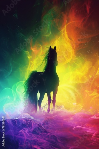 Dark Dragon Horse standing in a neon rainbow mist, its silhouette a stark contrast against the vibrant, glowing background