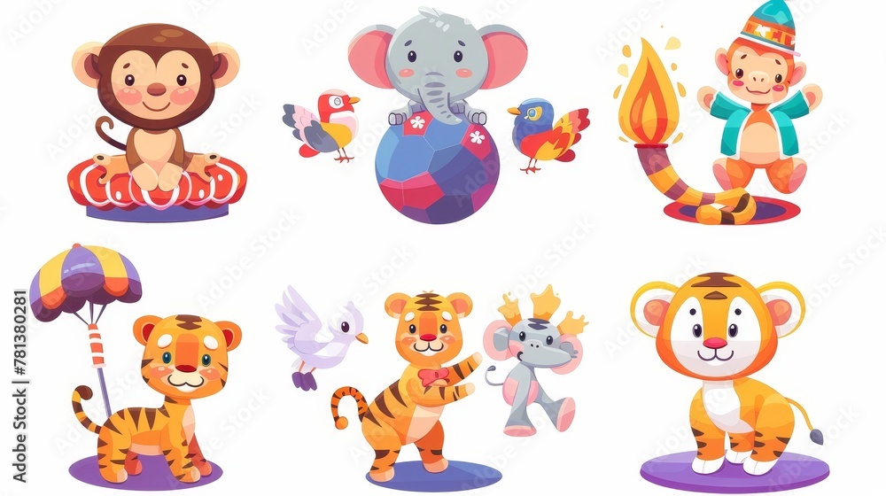 Circus animals, elephant standing on ball, monkey juggler, tiger jumping through fire ring and white doves. Modern cartoon set of funny animals performers. Circus animals, elephant standing on ball, monkey juggler, tiger jumping through fire ring and white doves. Modern cartoon set of funny animals performers.