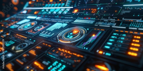 Futuristic dashboard with glowing data analytics, a cyber-tech control panel