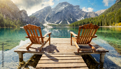 Close-up of two wooden Adirondack Chairs on a small wooden pier on the coast of a beautiful mountain lake, concept of relaxing vacations in the mountains. Generative Ai. photo