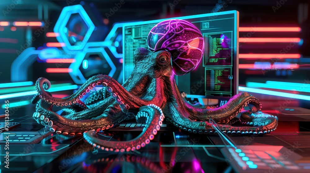 Fototapeta premium A close-up of an octopus multitasking at a computer running an online tech support service
