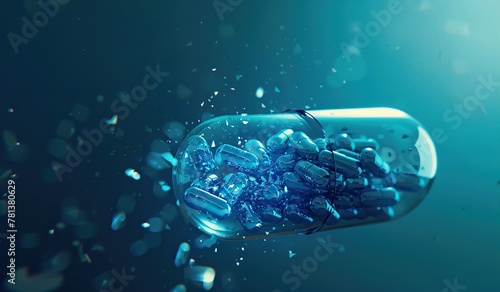 Futuristic blue capsules inside transparent pill on dark background