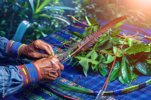 In a close-up a tribal warriors weathered hands craft an arrow