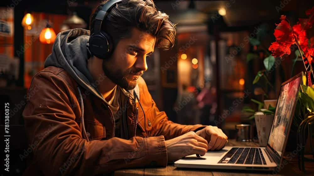 A handsome man plays at a computer with a laptop or watches a stream and smiles A handsome man plays at a computer with a laptop or watches a stream and smiles