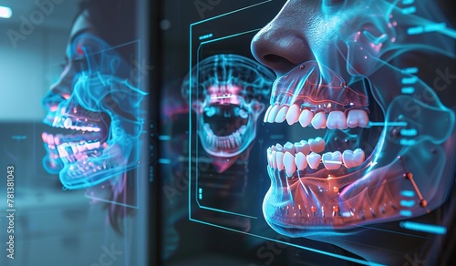 Futuristic dental technology with holographic teeth display