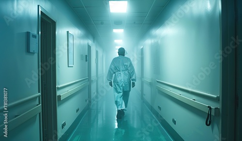 Healthcare professional walking down a hospital corridor