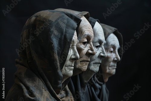 Theatre of life illustrated by a person wearing multiple aged masks