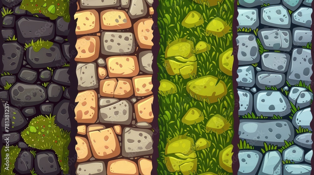 Ground texture with moss, stones, and grass for game background. Modern cartoon seamless patterns of top view of land surface with cobblestones and grass. Ground texture with moss, stones, and grass for game background. Modern cartoon seamless patterns of top view of land surface with cobblestones and grass.