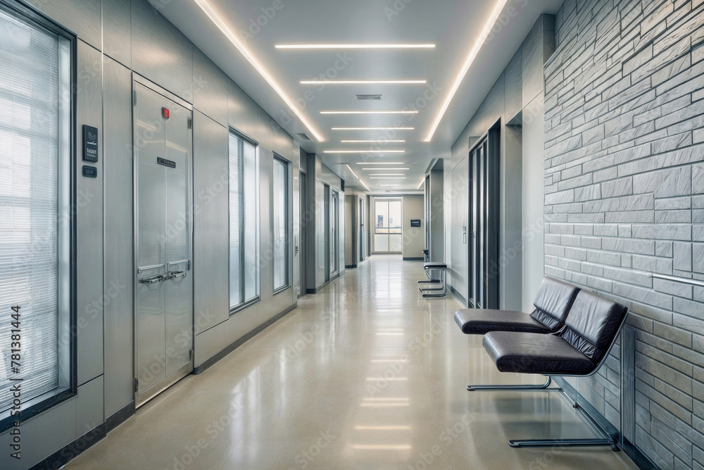 Modern clinic hallway with clean lines and professional ambiance for a contemporary environment Modern clinic hallway with clean lines and professional ambiance for a contemporary environment