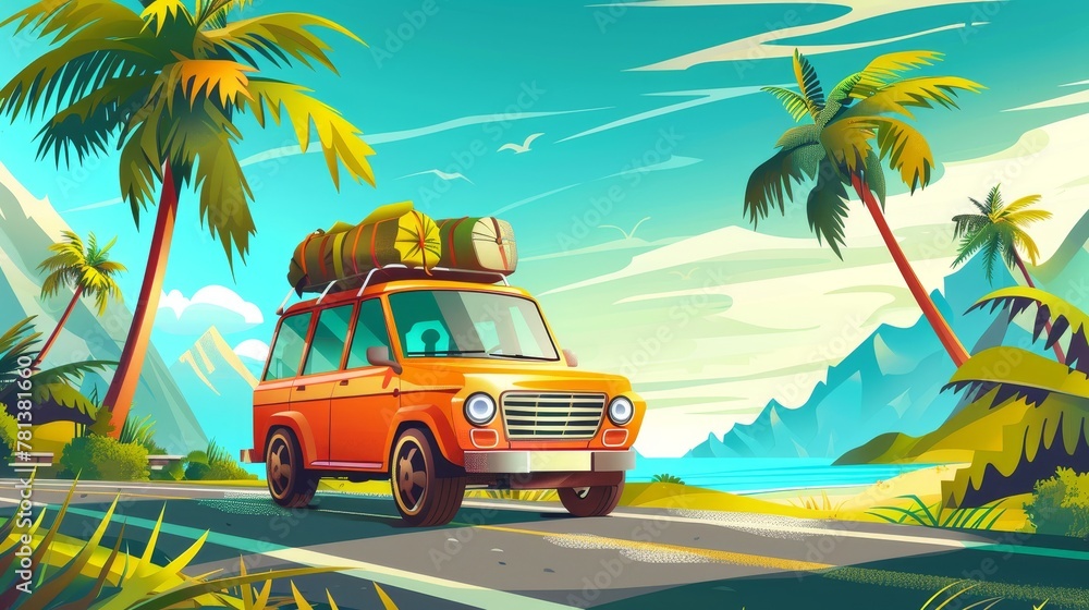 Holidays travel by vehicle in tropical landscape driving along highway with palm trees by sides. Camping with family, cartoon modern illustration.
