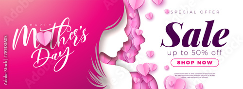 Mother's Day Sale Banner Design with Paper Heart and Woman Face Silhouette on White Background. Vector Seasonal Discount Offer Illustration with Typography Lettering for Voucher, Online Ads, Flyer
