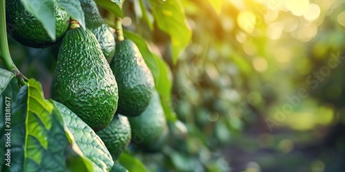 In a tropical avocado garden  healthy green avocado fruits are strung from lovely green trees as the sun shimmers through greenery and space  Generative AI.