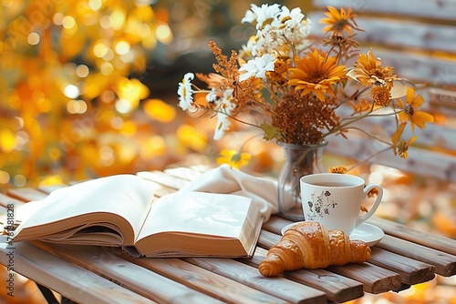 Bouquet of flowers, croissant, cup of tea or coffee, books on table in autumn garden. Rest in garden, reading books, breakfast, vacations in nature concept. Autumn time in garden. generative ai.