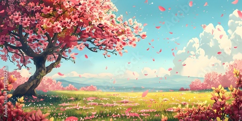 Ethereal Floral Landscape with Blooming Tree and Falling Petals Seasonal Transformation of Nature s Beauty