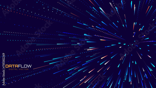 Digital Data Flow Vector Background. Big Data Technology Lines. 5G Wireless Data Transmission. High Speed of Light Trails. Information Flow in Virtual Reality Cyberspace. Vector Illustration.
