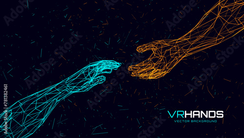 Creation AI Concept - Hands Reaching Towards Each Other. Concept of Human Relation, Partnership. Polygonal Mesh Wireframe Hands in Virtual Reality. 3D Low Poly Hands. Vector Illustration.
