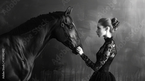 Black horse and female model black and light black, symbolic use of animals.