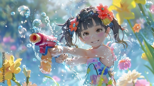 Joyful Girl Participating in Lively Water Fight Amidst Blooming Floral