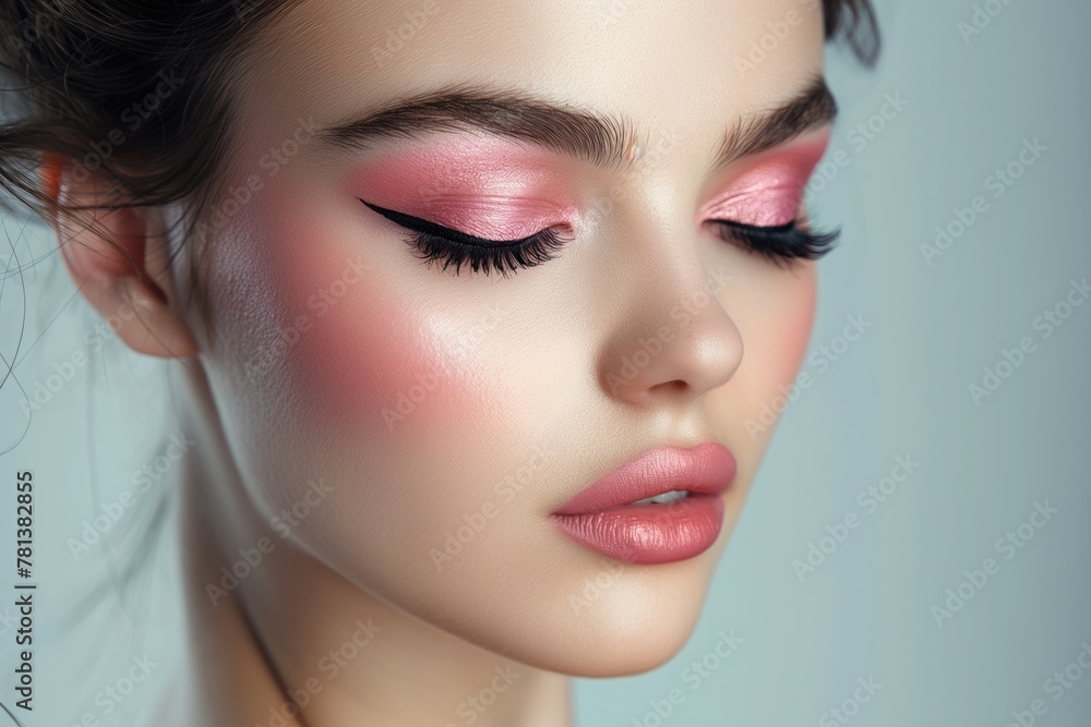 Studio photo of a woman face with perfectly done pink makeup