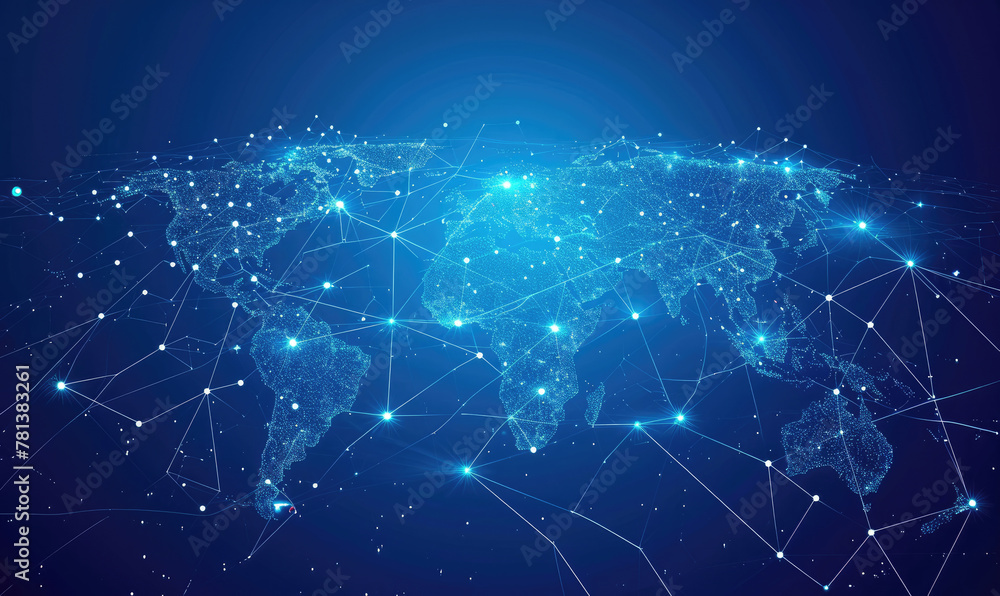A low-poly map of the world. A grid of lines and points. Blue background. A low-poly map of the world. A grid of lines and points. Blue background.