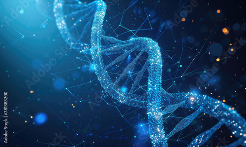 dna. abstract 3d polygonal wireframe dna molecule helix spiral on blue. medical science, genetic biotechnology, chemistry biology, gene cell concept